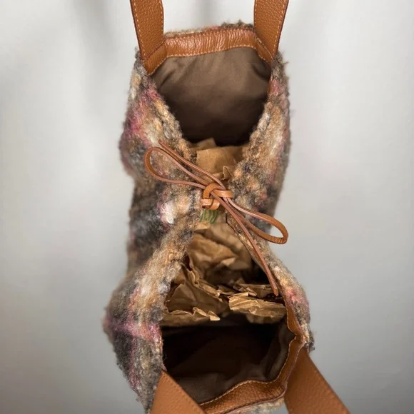 Sundance Maple Glen Teddy Plaid Bag Leather Accents Brown Pink Made in Italy - Picture 4 of 7